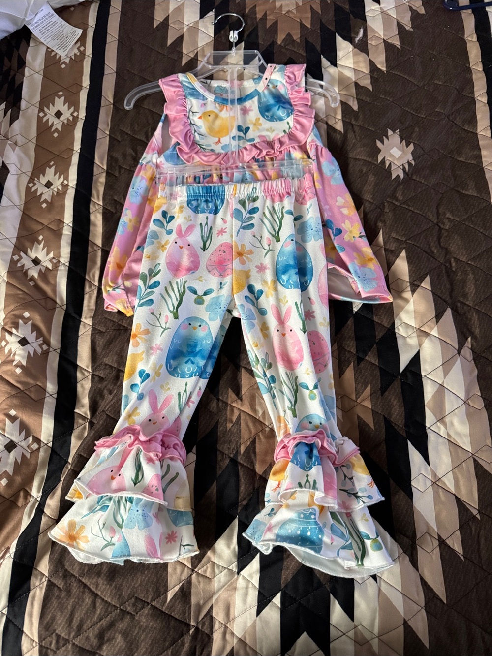 Girls Pink Pastel Bunny & Egg Print Ruffle Pants